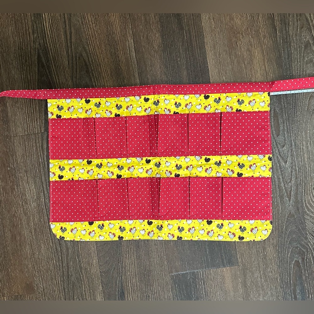 Handmade egg collecting apron. Red and Yellow Polka Dot with chickens!